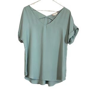 Women's Pink Rose V-Neck Cuffed Sleeve High Low Blouse Size Large